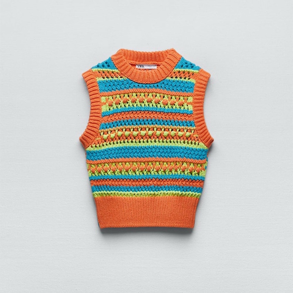 Zara Orange and Blue Knit Sleeveless Top